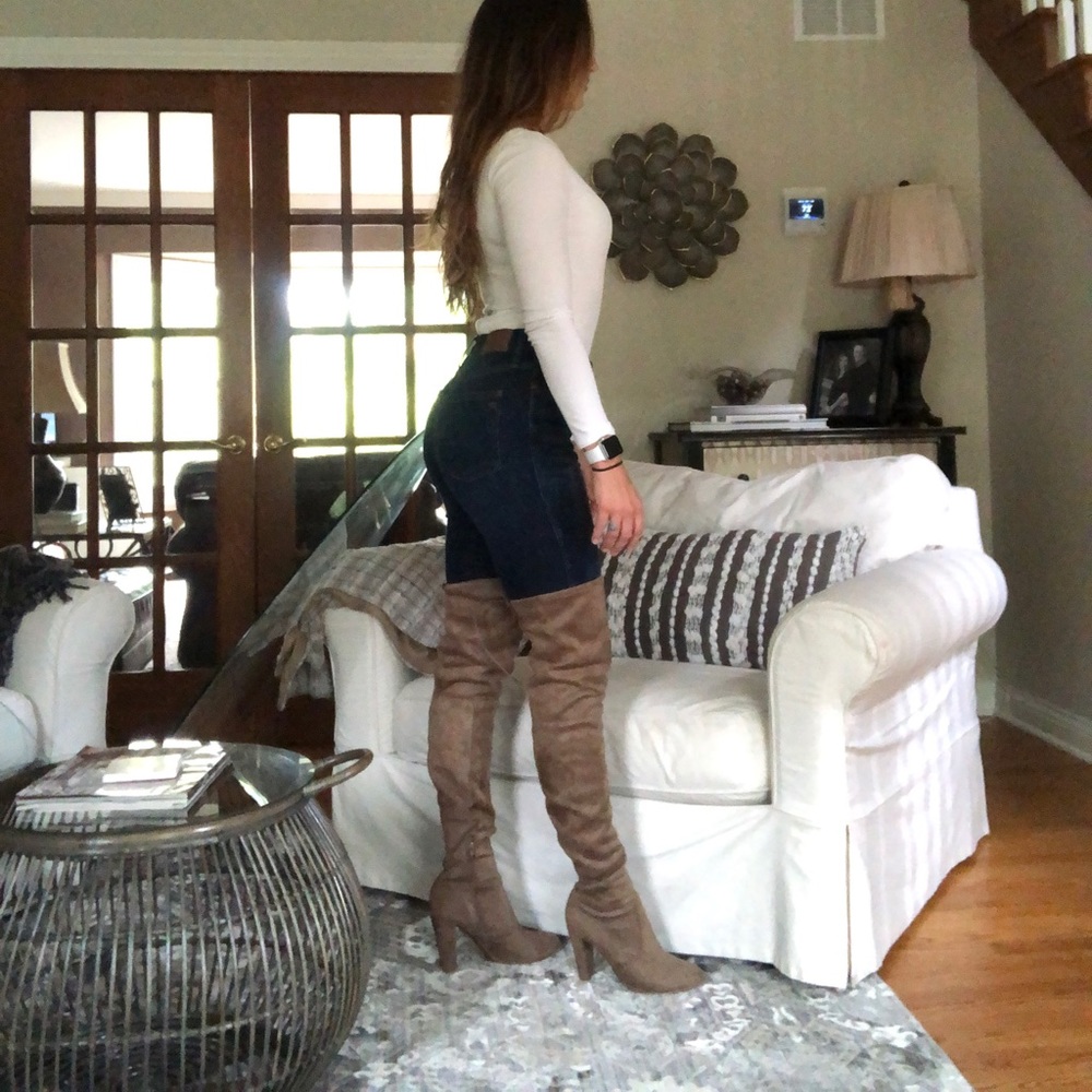 Beautiful, comfy grey/brown suede OTK boots!